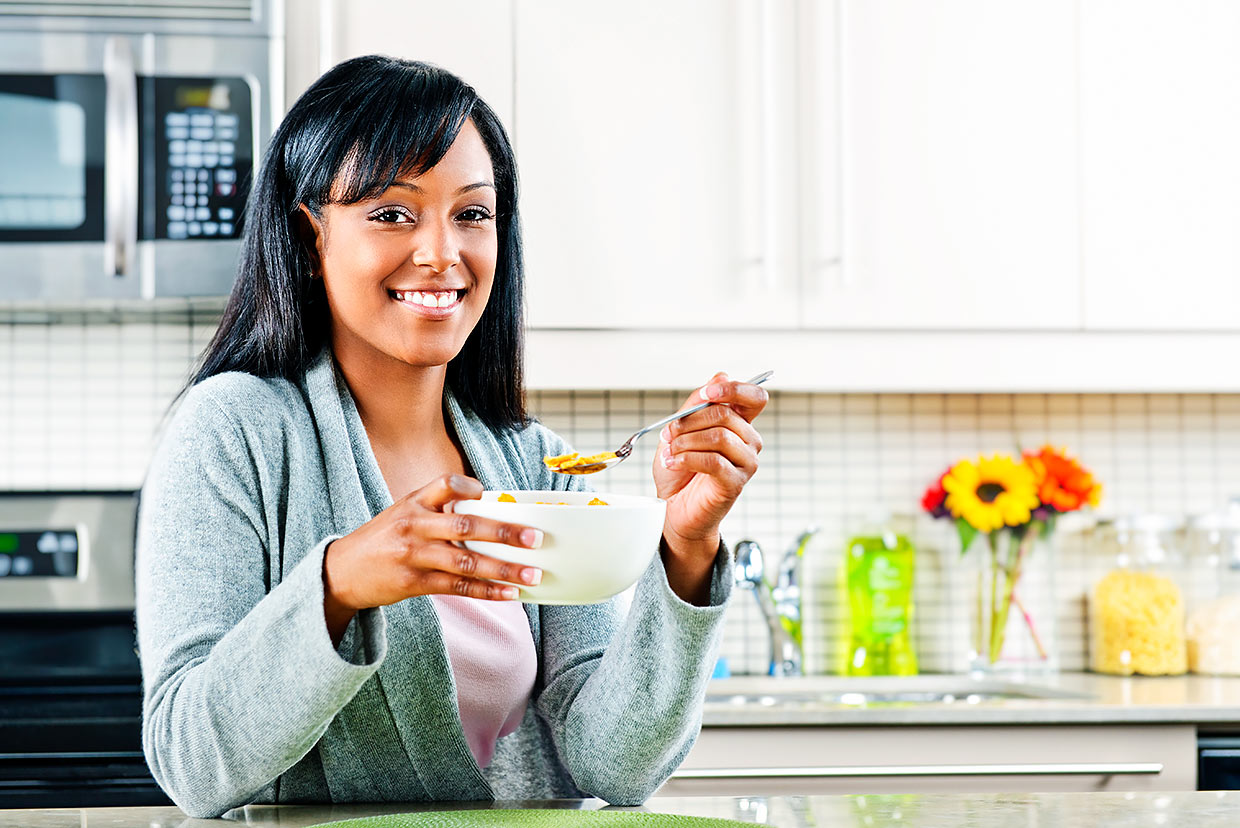 L to have breakfast. Woman having Breakfast.